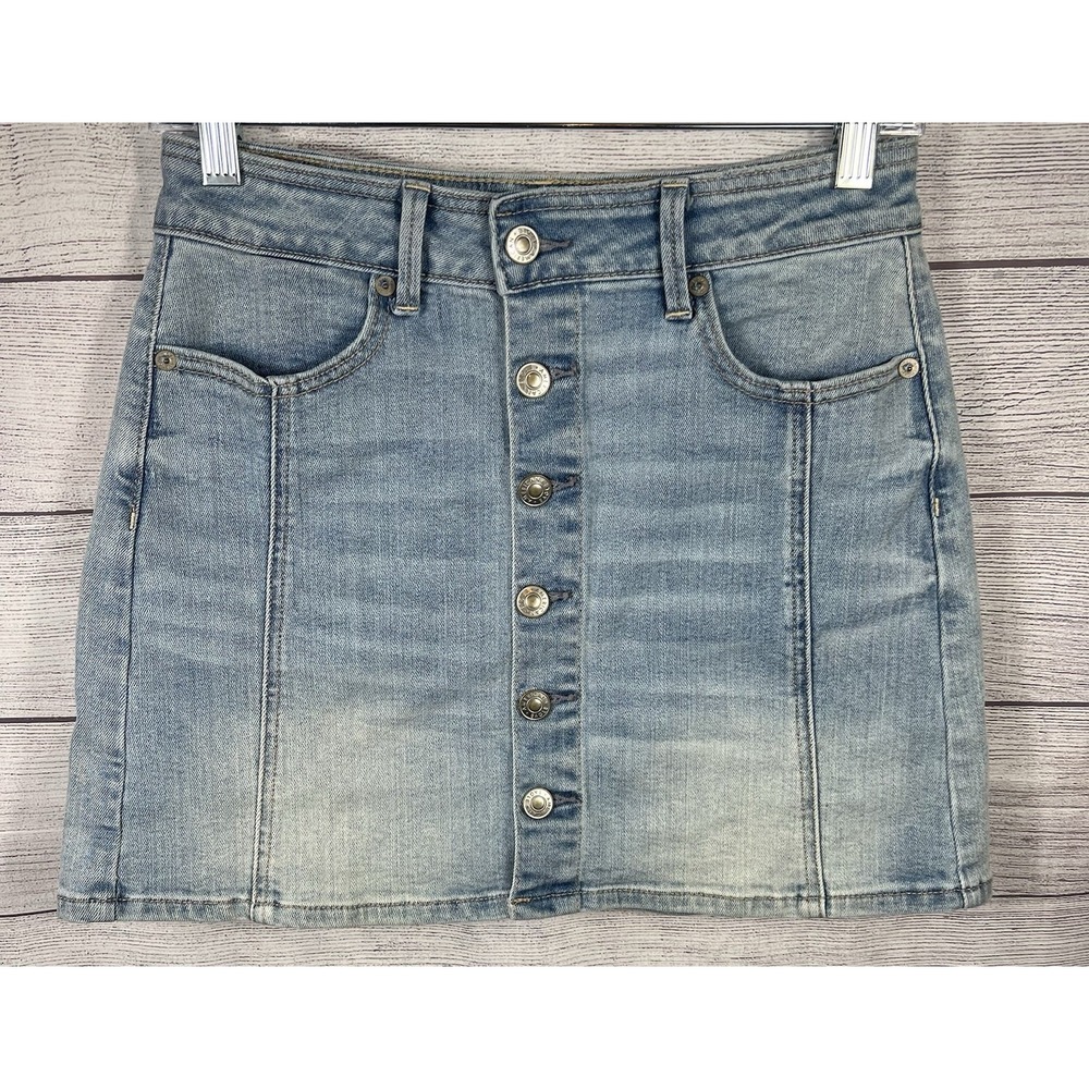 American Eagle Mini Skirt‎ Hi-Rise A-Line Denim Button Fly Light Wash - Size 2
